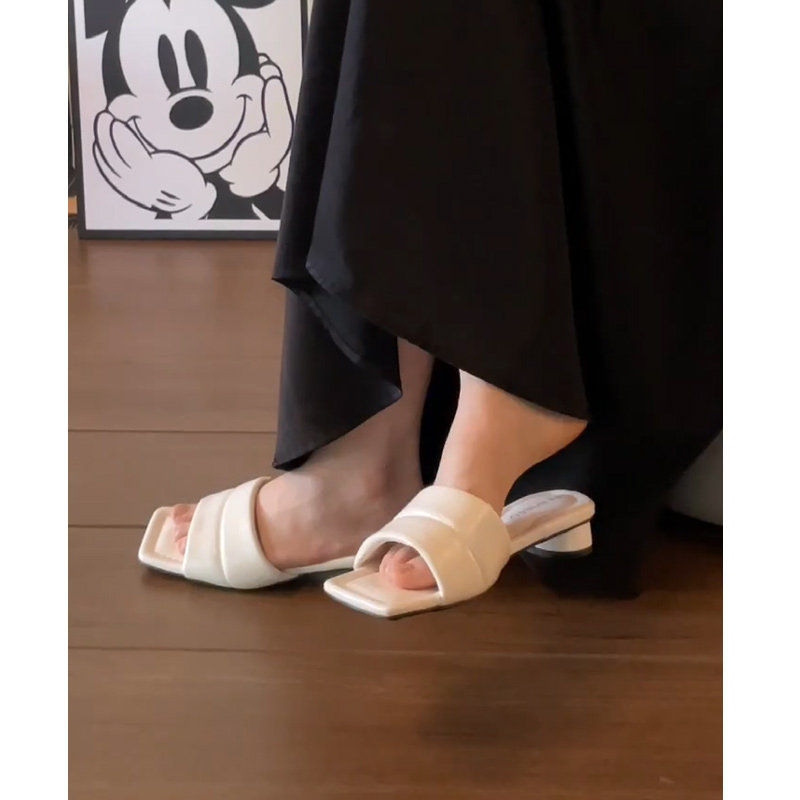 羊皮版~法式小众设计感凉鞋女夏外穿方头粗跟一字拖银色凉拖鞋