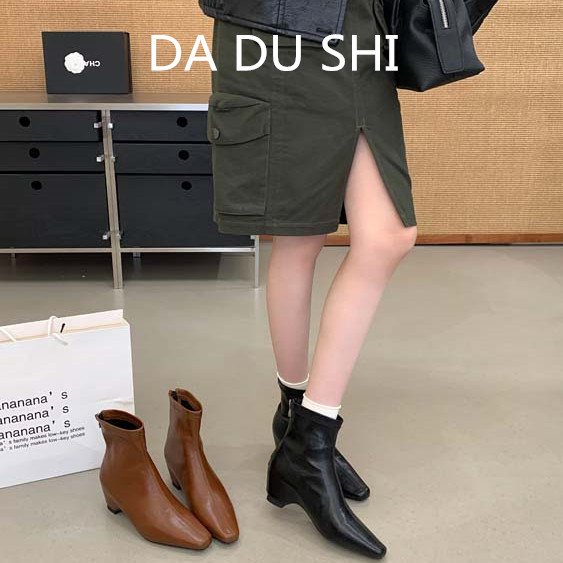 韩版法式方头短靴女秋冬