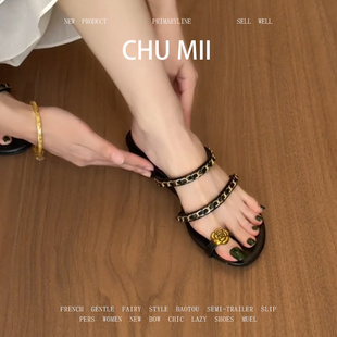 配裙子高跟鞋 羊皮版 法式 女坡跟一字带凉拖鞋 小香风链条黑色凉鞋