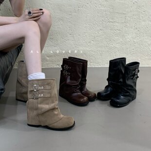 ALILOVERS 欧美复古皮带扣短靴女夏季内增高机车靴百搭帅气裤管靴