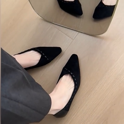 羊皮版！复古黑色内增高平底单鞋女真皮尖头软底透气浅口玛丽珍鞋