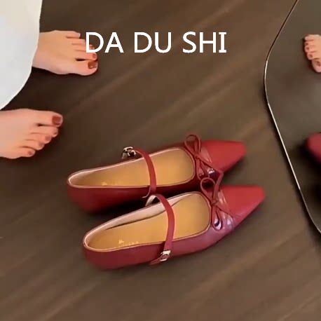 羊皮版~内增高浅口玛丽珍鞋女尖头蝴蝶结瓢鞋红色软底一字带单鞋