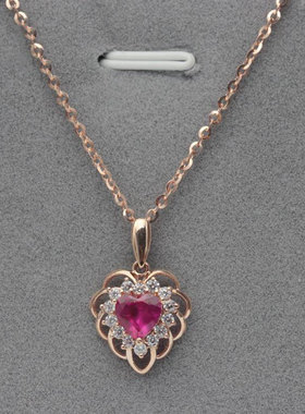 俄罗斯585紫金红宝石微镶心型吊坠镀14K玫瑰金潮流气质女项链礼物