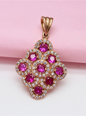俄罗斯585紫金镀14K彩金玫瑰金镶嵌红宝石菱形吊坠时尚气质女项链