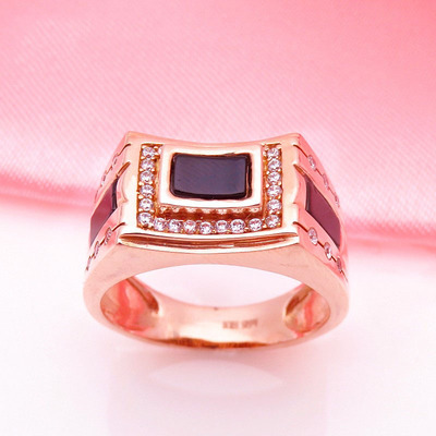 俄罗斯585紫金镀14K玫瑰金彩金豪华凹面黑色戒指女戒指轻奢高级感