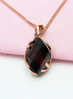 俄罗斯585紫金项链烟色菱形吊坠简约奢华彩金玫瑰金女款ins高级感