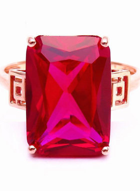 俄罗斯585紫金镀18K玫瑰金镶嵌豪华方形红宝石开口可调节女款戒指
