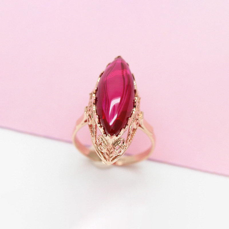 俄罗斯镀玫瑰金欧美女款时尚礼物橄榄形镶嵌红宝石开口可调节戒指
