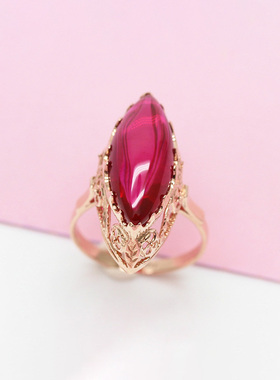 俄罗斯镀玫瑰金欧美女款时尚礼物橄榄形镶嵌红宝石开口可调节戒指