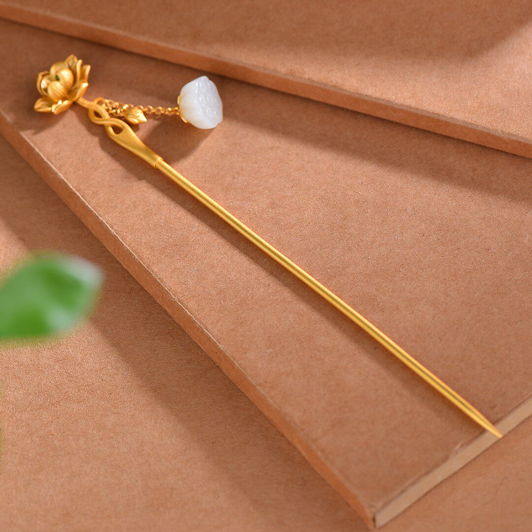 天然和田玉S925纯银发簪古风步摇原创设计旗袍盘发莲花玉莲蓬簪子