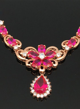 俄罗斯585紫金锁骨链镀14K玫瑰金时尚潮流红宝石精致花朵水滴项链