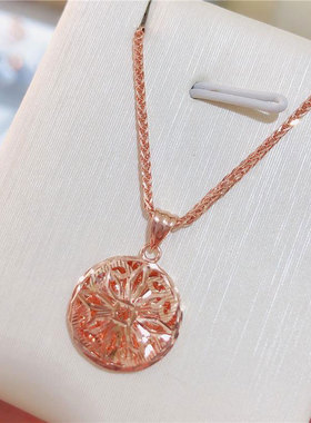 俄罗斯585紫金女款圆形花朵吊坠镀14K彩金项链潮流时尚精致感礼物