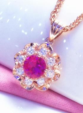 俄罗斯585紫金镶嵌花朵红石吊坠女款豪华气质镀18K彩金玫瑰金项链