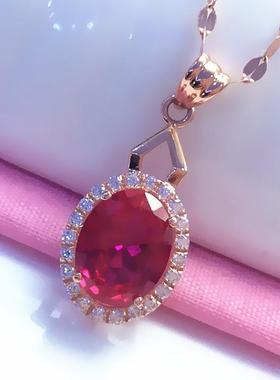 俄罗斯585紫金椭圆红石吊坠百搭韩版时尚奢华镀18K玫瑰金锁骨链女