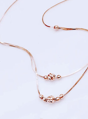 俄罗斯585紫金项链镀14k女款欧洲玫瑰金蛇骨双层转运珠项链高级感