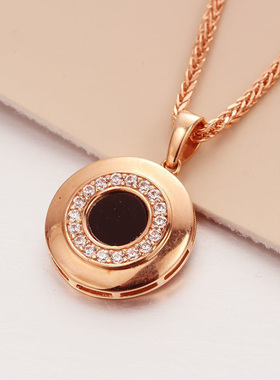 俄罗斯585紫金锆石黑色圆形吊坠镀14K玫瑰金经典时尚百搭项链女款