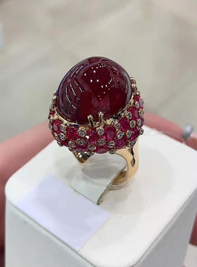 俄罗斯585紫金奢华个性大气款镀18K镶嵌红石蛋面开口可调节戒指女