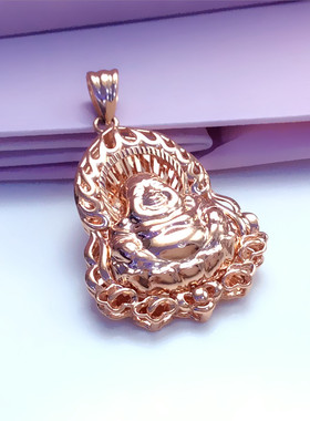 俄罗斯585紫金简约款大气豪华玫瑰金弥勒佛吊坠项链镀14K彩金女款