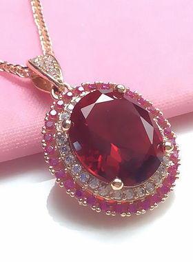 俄罗斯585紫金镶嵌红宝石椭圆吊坠镀14K玫瑰金彩金时尚女精致项链