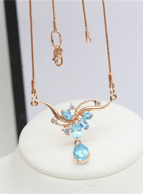 俄罗斯蓝色项链镀玫瑰金水滴花朵锁骨链精致女优雅轻奢