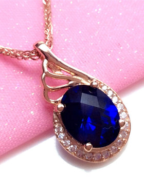 俄罗斯585紫金女款椭圆吊坠项链镀14k玫瑰金蓝石大气百搭优雅礼物