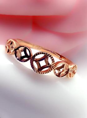 俄罗斯585紫金闪亮铜钱戒指精致百搭气质镀18K玫瑰金女可调节指环