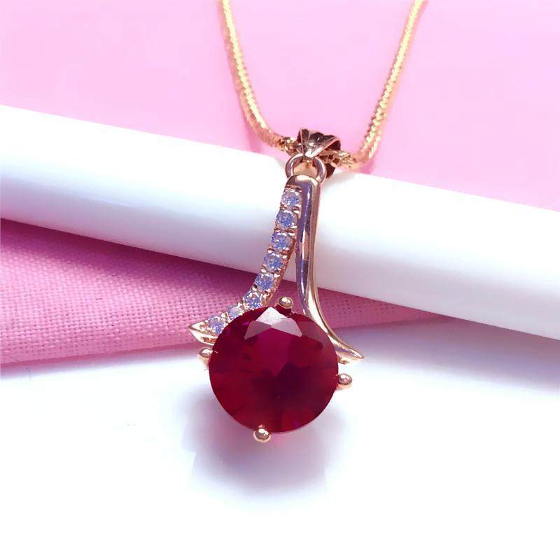 俄罗斯585紫金镶嵌圆形红石吊坠项链时尚彩金玫瑰金饰品ins风欧美