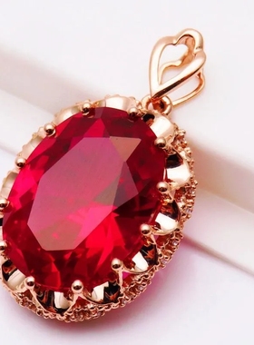 俄罗斯585紫金镀18K彩金镶嵌红宝石椭圆吊坠奢华潮流气质项链小众