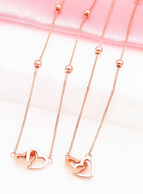 俄罗斯585紫金女镀14K玫瑰金时尚甜美百搭肖邦加珠爱心双环项链女