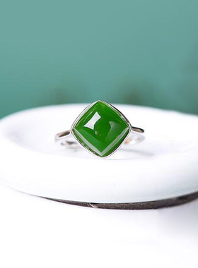 国风菱形S925纯银戒指个性简约气质百搭女款镶天然和田玉方形戒指