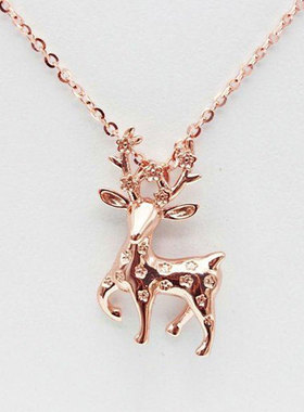 俄罗斯585紫金可爱梅花鹿吊坠女生项链玫瑰金镀14K彩金日韩高级感