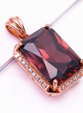 俄罗斯585紫金项链镀14K玫瑰金女款镶嵌豪华方形烟色吊坠欧美奢华