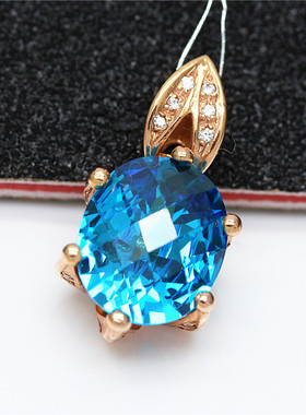 俄罗斯585紫金韩版海蓝椭圆吊坠奢华女款高级小众项链潮流ins礼物