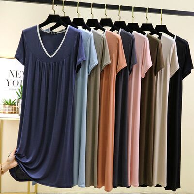 莫代尔睡裙女夏v领短袖连衣裙中长款过膝大码家居裙子宽松百褶裙