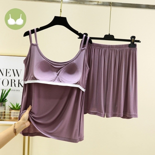 双肩吊带短裤带胸垫家居服女夏薄套装可外穿莫代尔睡衣睡裤两件套
