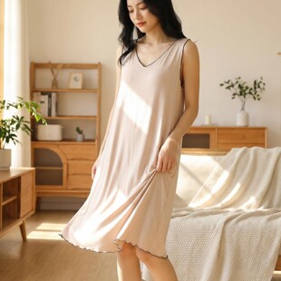 莫代尔V领背心裙宽松睡裙女夏季大码家居服浴袍可外穿薄款连衣裙