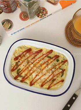 包邮ins网红款红蓝边陶搪瓷盘烤盘烘焙盘焗饭韩国博主推荐餐盘