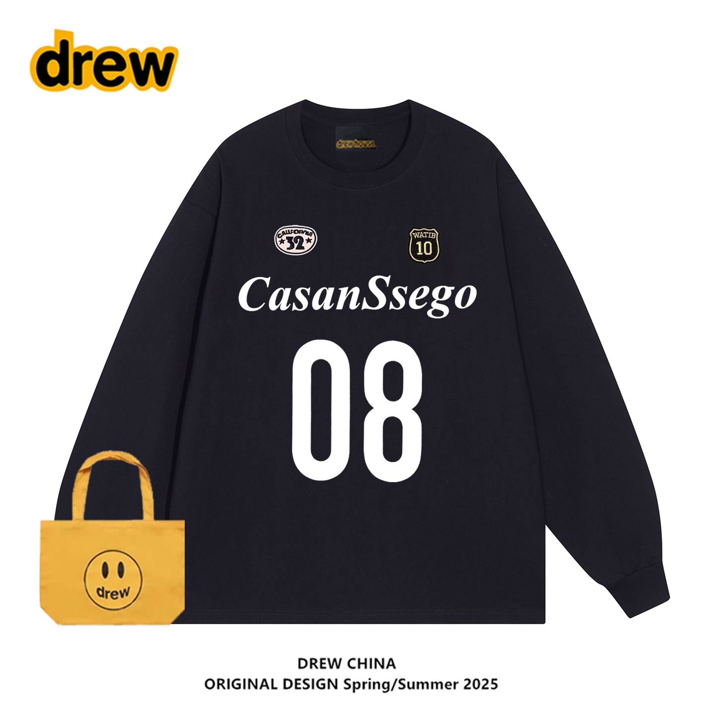 drew潮牌赵露思同款球服纯棉重磅日系运动长袖T恤男女同款打底衫