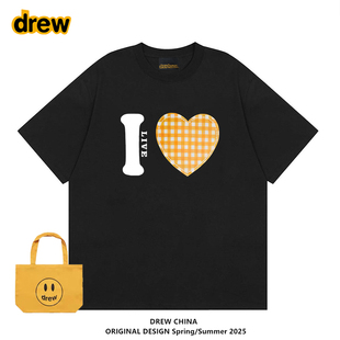 Drew潮牌爱心格子印花美式 T恤男女情侣重磅纯棉宽松休闲体恤 短袖