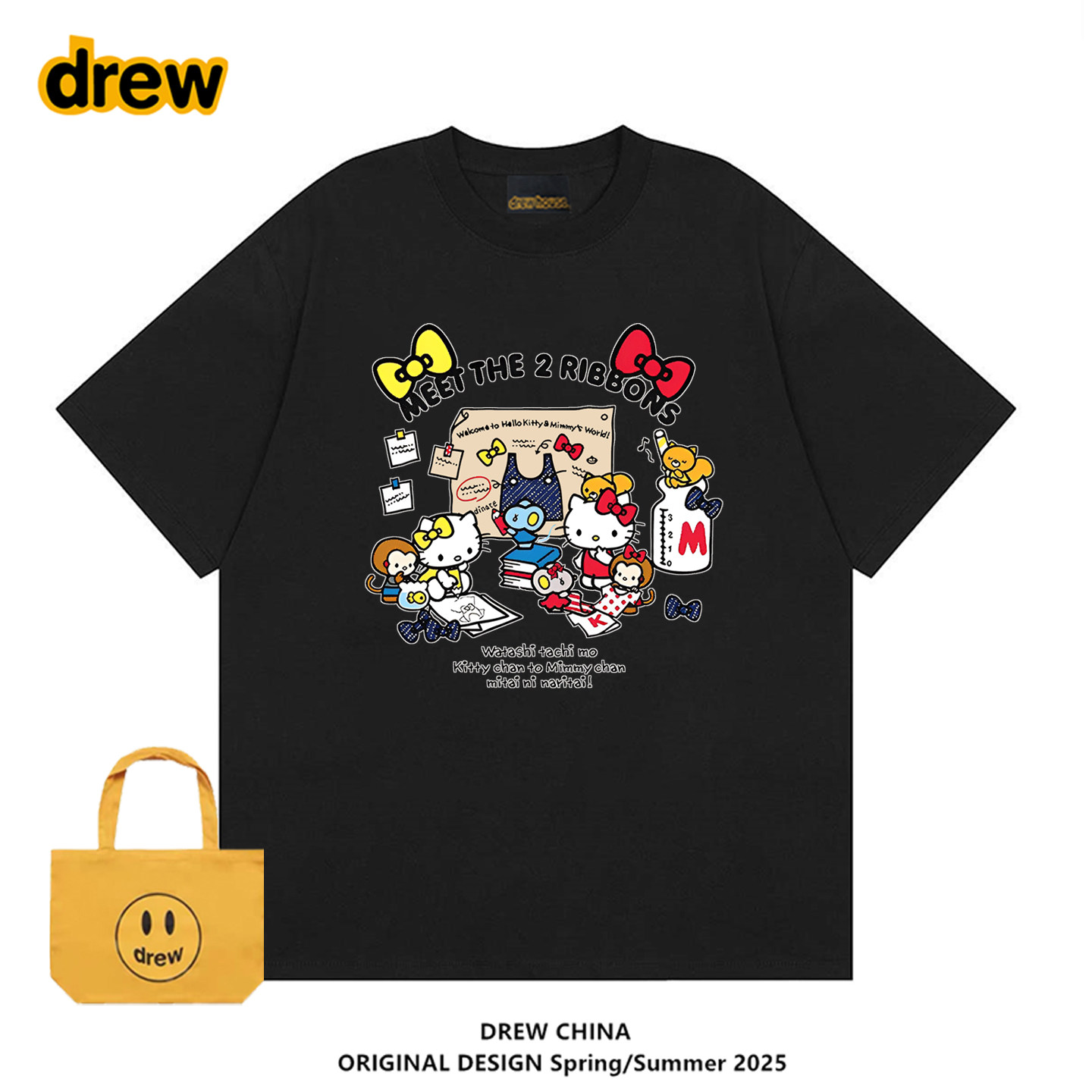 drew潮牌美式复古卡通猫咪T恤