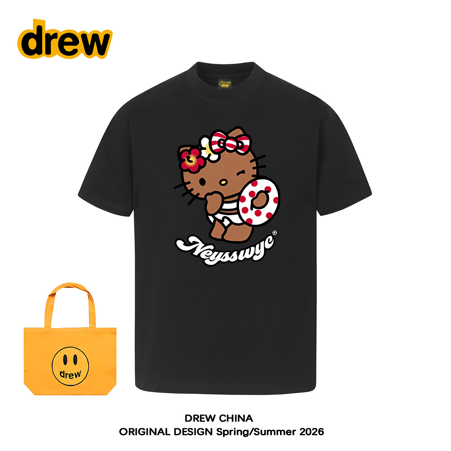 DREW美式潮牌猫咪泳圈公主度假卡通短袖T恤男女宽松情侣上衣半袖