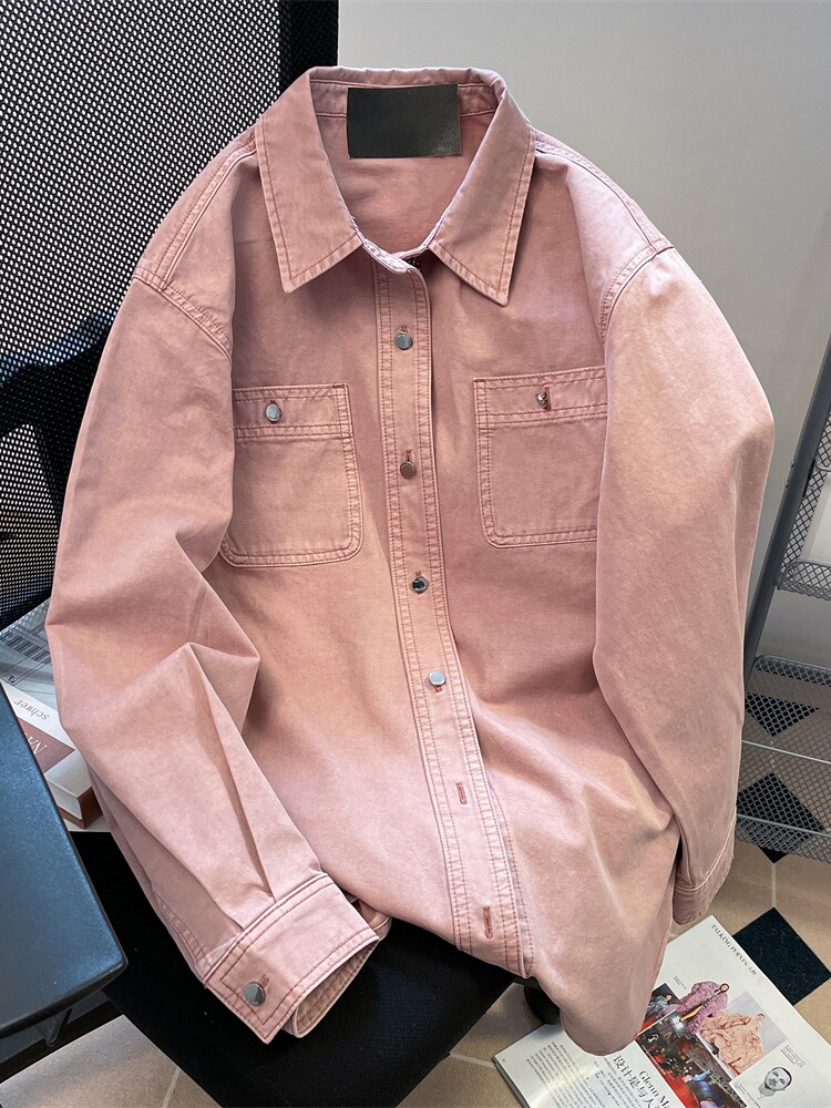 남성과 여성을 위한 한국 틈새 핑크 데님 셔츠 재킷 봄 가을 빈티지 복고풍 작업복 캐주얼 긴팔 탑