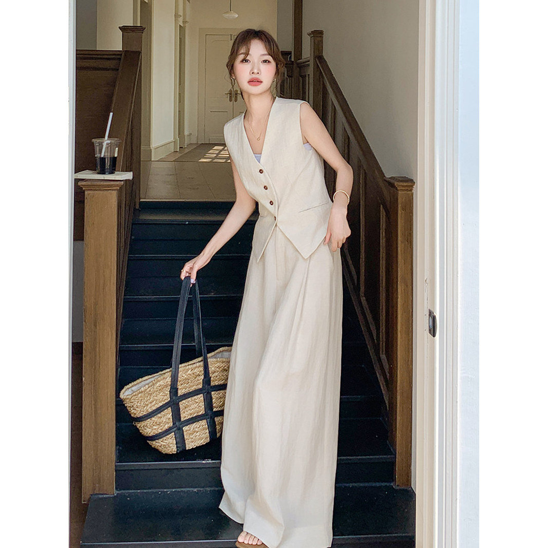 老钱风亚麻西装马甲阔腿两件套女2026新款夏季薄款透气高级感套装