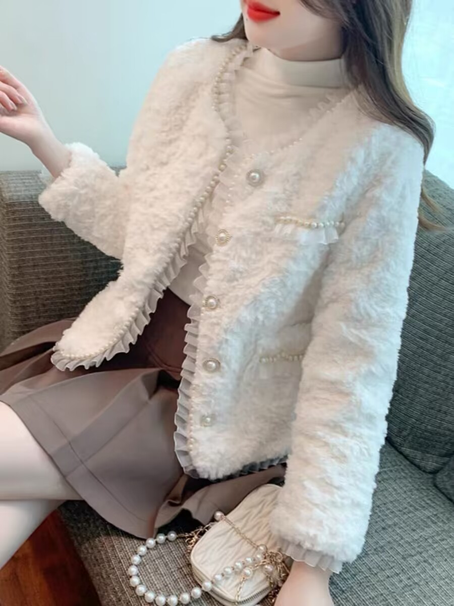 小香风羊羔毛外套女秋冬季新款韩系高质感蕾丝珠边仿皮草外套上衣