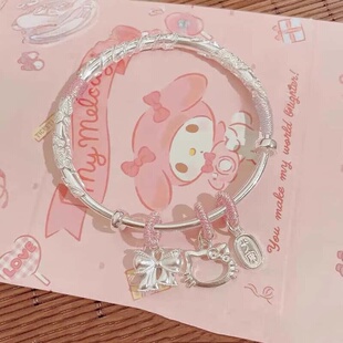 999足银手镯繁花似锦helloKitty实心推拉镯kt猫七夕情人节礼物