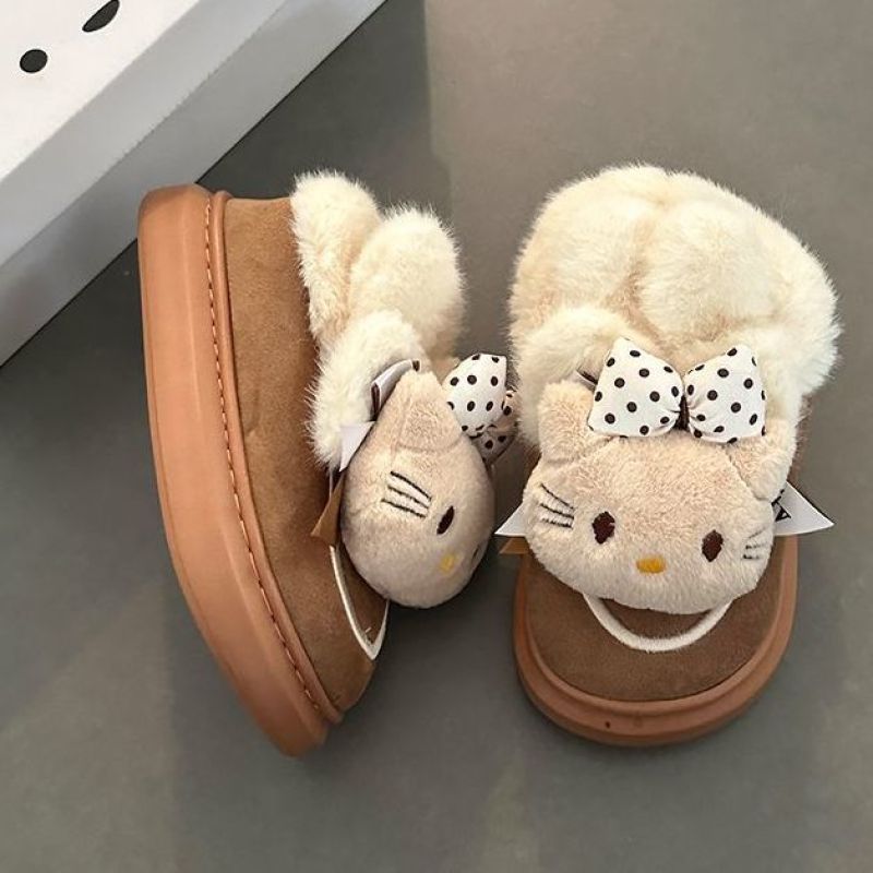 可爱卡通KT猫毛毛棉鞋女2025秋冬季新款厚底加绒保暖蝴蝶结雪地靴