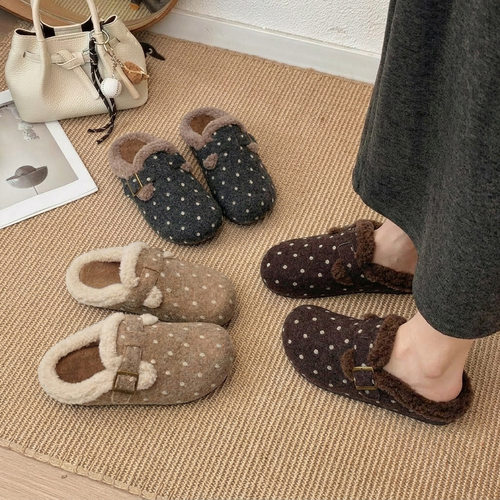 复古加绒保暖懒人女棉拖鞋