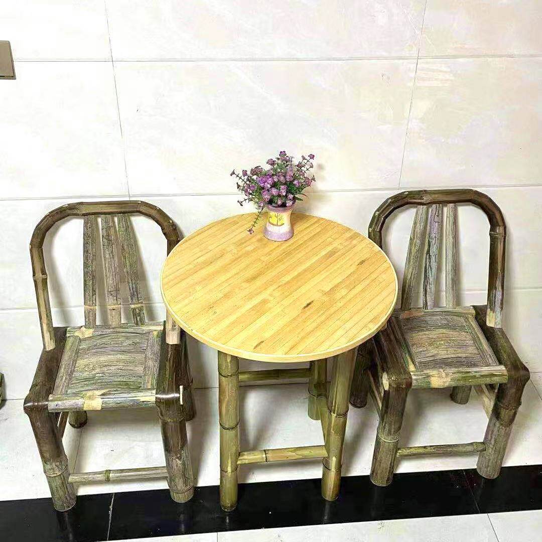 竹子圆桌商用火锅桌中式复古竹桌椅组合简约现代圆形酒店经济餐桌