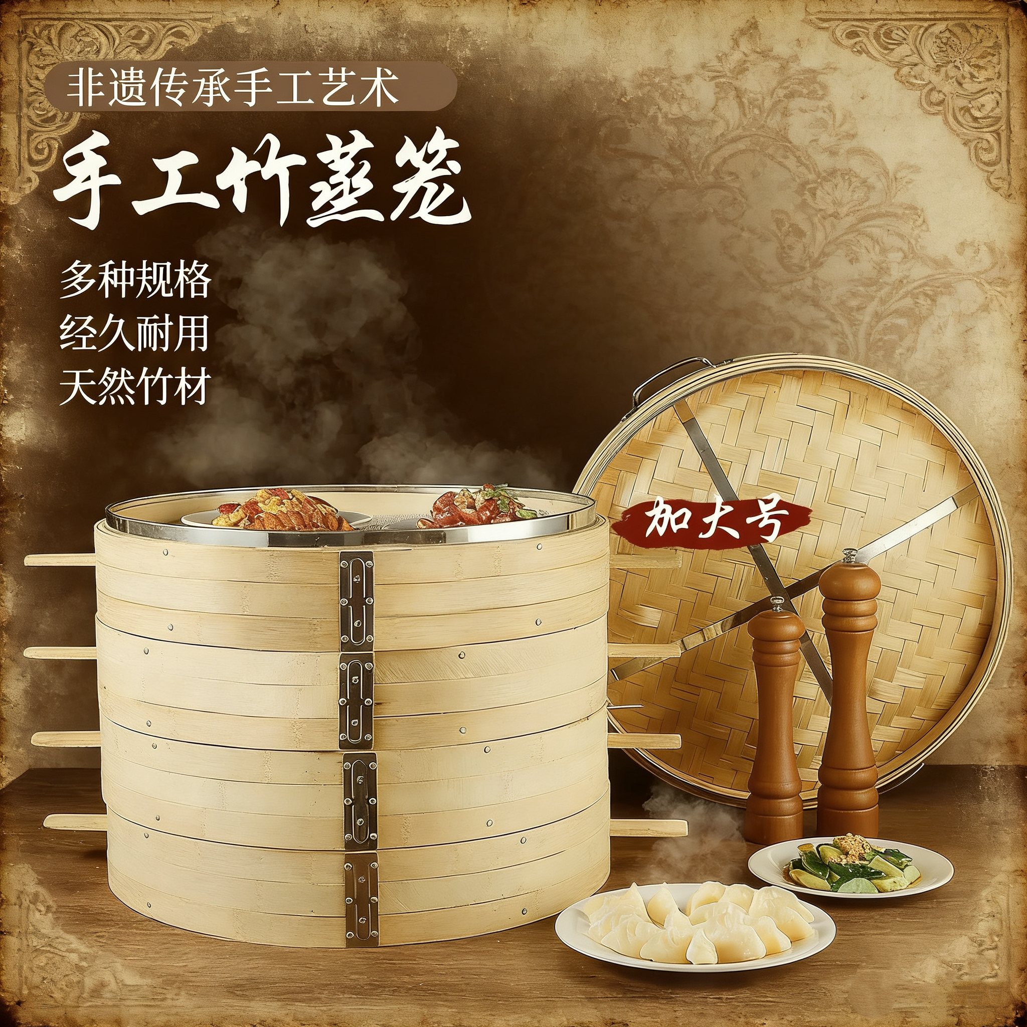 纯手工全竹制蒸笼商用竹编篦子52大包子馒头竹子家用柴火灶蒸笼屉