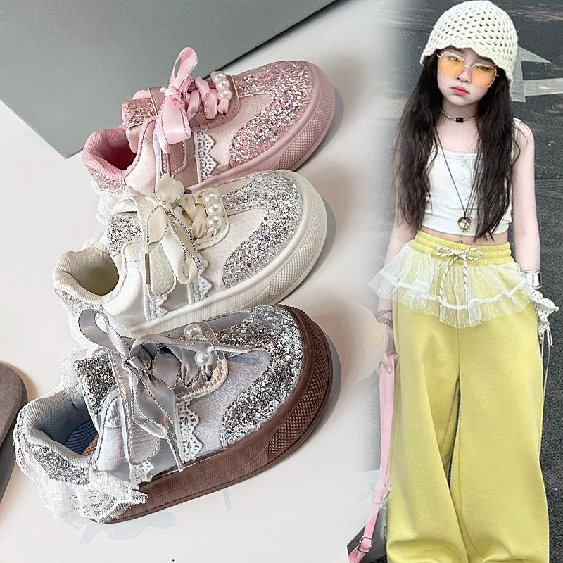 女童水晶亮片休闲鞋2025年春夏季新款蕾丝珍珠小白鞋儿童中大童运